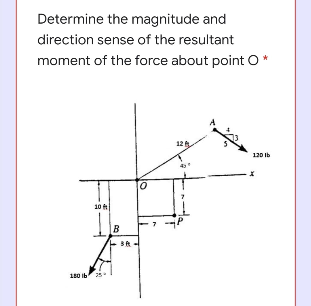Determine the magnitude and
direction sense of the resultant
moment of the force about point O*
12 ft
120 Ib
45 °
10 ft
3 ft -
180 Ib
25 °
