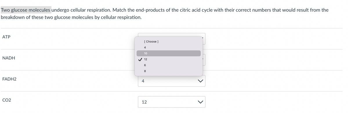 Two glucose molecules undergo cellular respiration. Match the end-products of the citric acid cycle with their correct numbers that would result from the
breakdown of these two glucose molecules by cellular respiration.
АТР
[ Choose ]
4
10
NADH
V 12
8
FADH2
4
CO2
12
