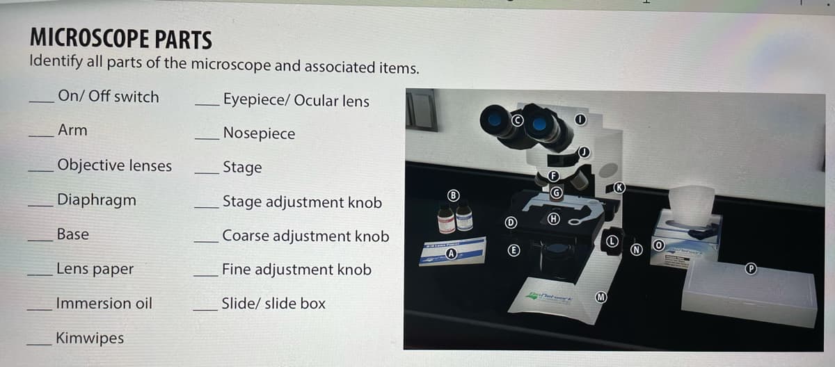 MICROSCOPE PARTS
Identify all parts of the microscope and associated items.
On/ Off switch
Eyepiece/ Ocular lens
Arm
Nosepiece
Objective lenses
Stage
Diaphragm
Stage adjustment knob
Base
Coarse adjustment knob
(E
A
Lens paper
Fine adjustment knob
Immersion oil
Slide/ slide box
Kimwipes
