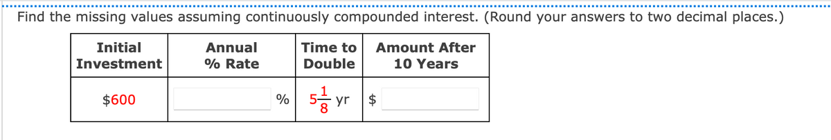 Find the missing values assuming continuously compounded interest. (Round your answers to two decimal places.)
Initial
Annual
Time to
Amount After
Investment
% Rate
Double
10 Years
yr s
$600
%
