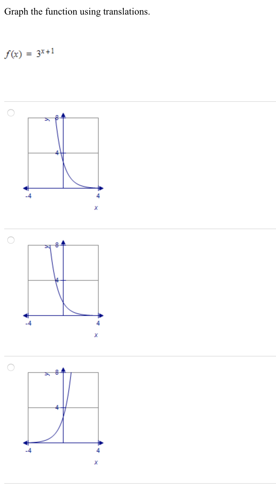 Graph the function using translations.
f(x) = 3x+1
4
4
