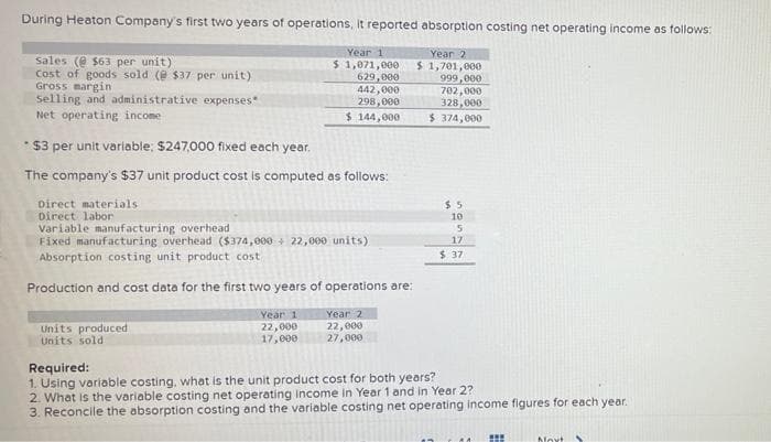 During Heaton Company's first two years of operations, It reported absorption costing net operating income as follows:
Sales (e $63 per unit)
Cost of goods sold (e $37 per unit)
Gross margin
Selling and administrative expenses
Net operating income
Year 1
$ 1,071,000
629,000
442,000
298,000
$ 144,000
Year 2
$ 1,701,000
999,000
702,000
328,000
$ 374,000
$3 per unit variable; $247,000 fixed each year.
The company's $37 unit product cost is computed as follows:
Direct materials
Direct labor
Variable manufacturing overhead
Fixed manufacturing overhead ($374,000 + 22,000 units)
Absorption costing unit product cost
$ 5
10
17
$ 37
Production and cost data for the first two years of operations are:
Year 1
22,000
17,000
Year 2
Units produced
Units sold
22,000
27,000
Required:
1. Using variable costing, what is the unit product cost for both years?
2. What is the variable costing net operating income in Year 1 and in Year 2?
3. Reconcile the absorption costing and the variable costing net operating income figures for each year.
Noxt
