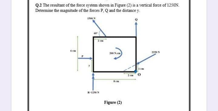 Q.2 The resultant of the force system shown in Figure (2) is a vertical force of 1250N.
Determine the magnitude of the forces P, Q and the distance y.
1500 N
200 N.cm
2250
2 em
R-1250 N
Figure (2)
