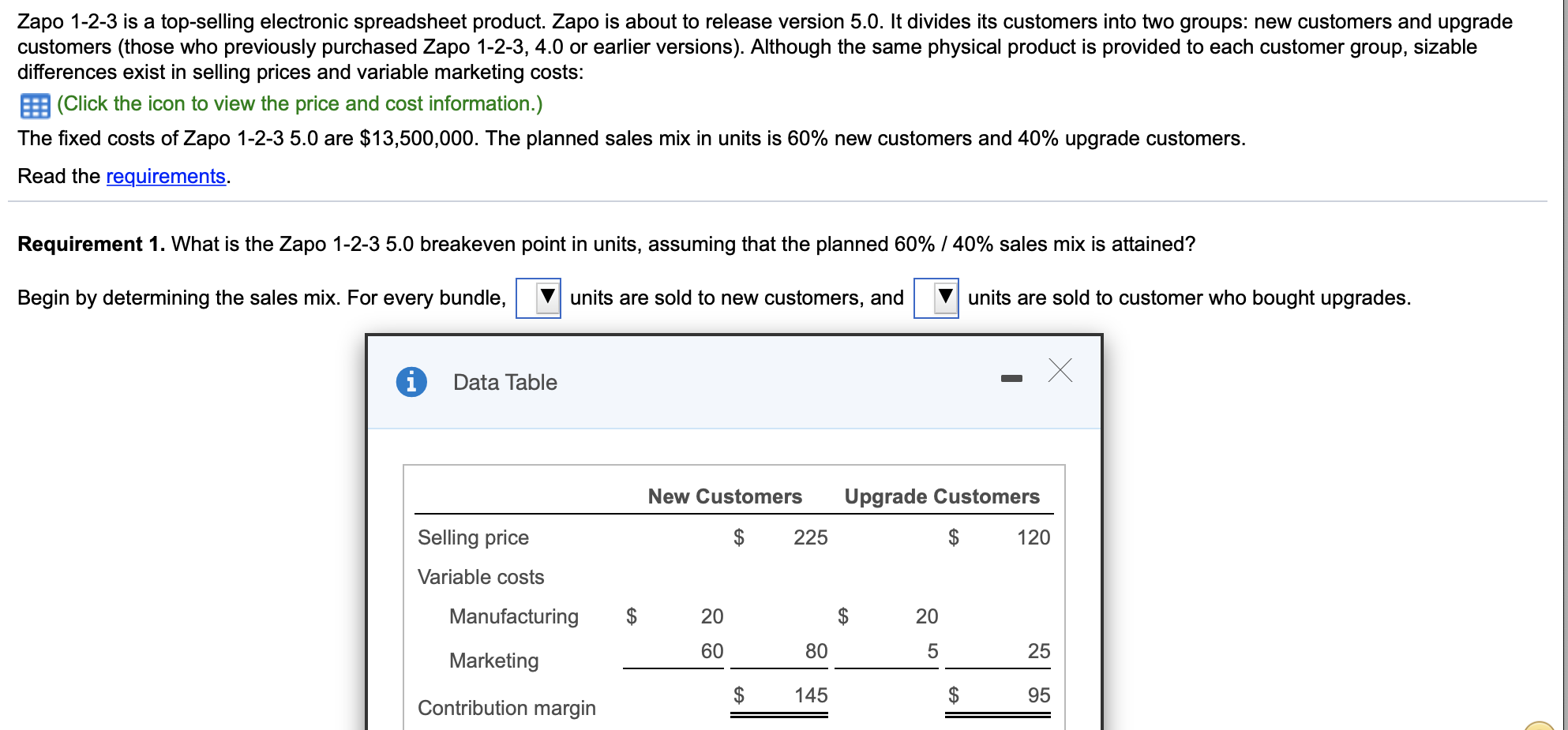 Requirement 1. What is the Zapo 1-2-3 5.0 breakeven point in units, assuming that the planned 60% / 40% sales mix is attained?
Begin by determining the sales mix. For every bundle,
units are sold to new customers, and
units are sold to customer who bought upgrac
Data Table
New Customers
Upgrade Customers
Selling price
225
$
120
Variable costs
Manufacturing
$ 20
$
20
%24
