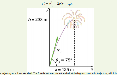 v3 = vỏ, – 2g(y – yo).
У
h = 233 m
O, = 75°
X = 125 m
e trajectory of a fireworks shell. The fuse is set to explode the shell at the highest point in its trajectory, which is
х
