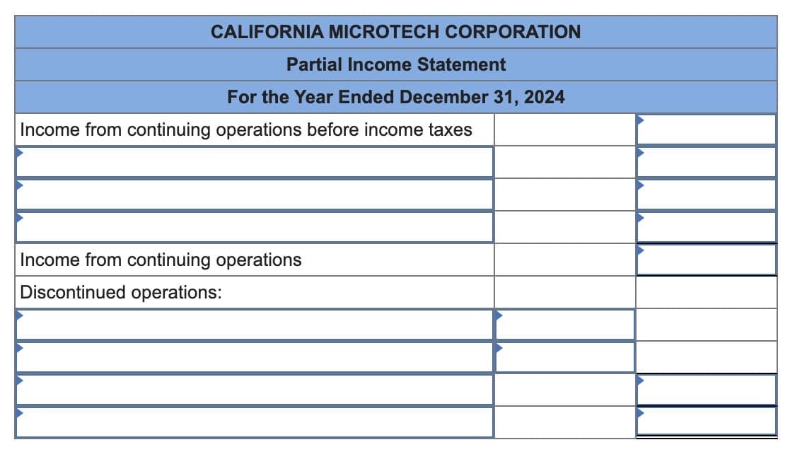 CALIFORNIA MICROTECH CORPORATION
Partial Income Statement
For the Year Ended December 31, 2024
Income from continuing operations before income taxes
Income from continuing operations
Discontinued operations: