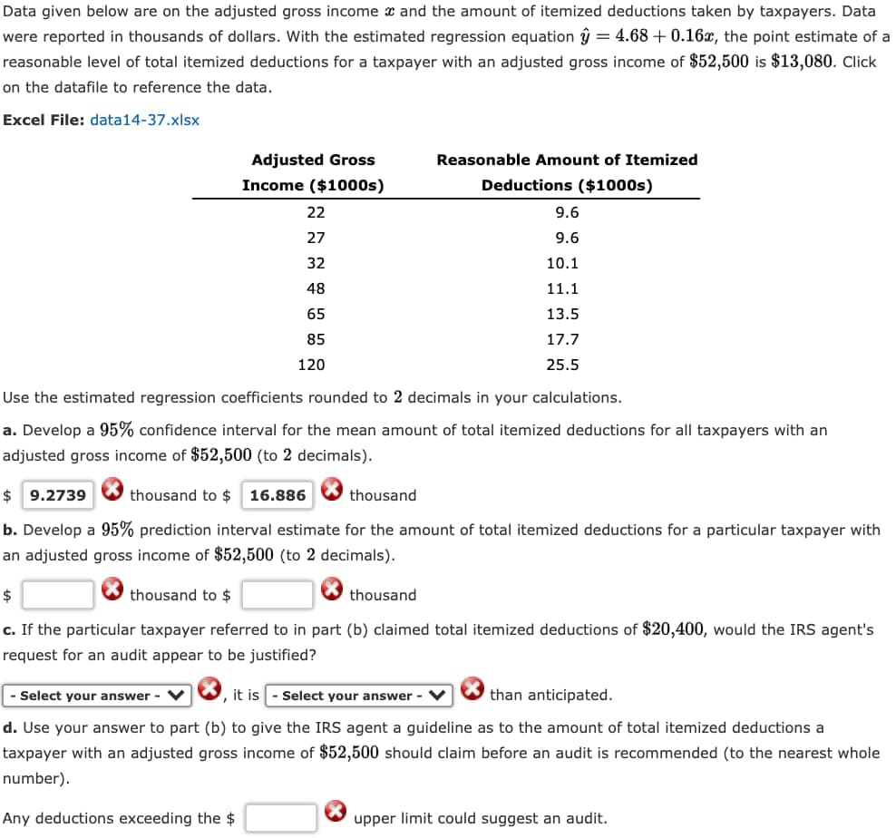 Data given below are on the adjusted gross income and the amount of itemized deductions taken by taxpayers. Data
were reported in thousands of dollars. With the estimated regression equation = 4.68 +0.16x, the point estimate of a
reasonable level of total itemized deductions for a taxpayer with an adjusted gross income of $52,500 is $13,080. Click
on the datafile to reference the data.
Excel File: data14-37.xlsx
Adjusted Gross
Income ($1000s)
22
27
32
48
65
85
120
Reasonable Amount of Itemized
Deductions ($1000s)
Use the estimated regression coefficients rounded to 2 decimals in your calculations.
a. Develop a 95% confidence interval for the mean amount of total itemized deductions for all taxpayers with an
adjusted gross income of $52,500 (to 2 decimals).
Any deductions exceeding the $
9.6
9.6
10.1
11.1
13.5
17.7
25.5
$9.2739
thousand to $ 16.886
thousand
b. Develop a 95% prediction interval estimate for the amount of total itemized deductions for a particular taxpayer with
an adjusted gross income of $52,500 (to 2 decimals).
thousand
$
thousand to $
c. If the particular taxpayer referred to in part (b) claimed total itemized deductions of $20,400, would the IRS agent's
request for an audit appear to be justified?
Select your answer - V
it is Select your answer -
than anticipated.
d. Use your answer to part (b) to give the IRS agent a guideline as to the amount of total itemized deductions a
taxpayer with an adjusted gross income of $52,500 should claim before an audit is recommended (to the nearest whole
number).
upper limit could suggest an audit.