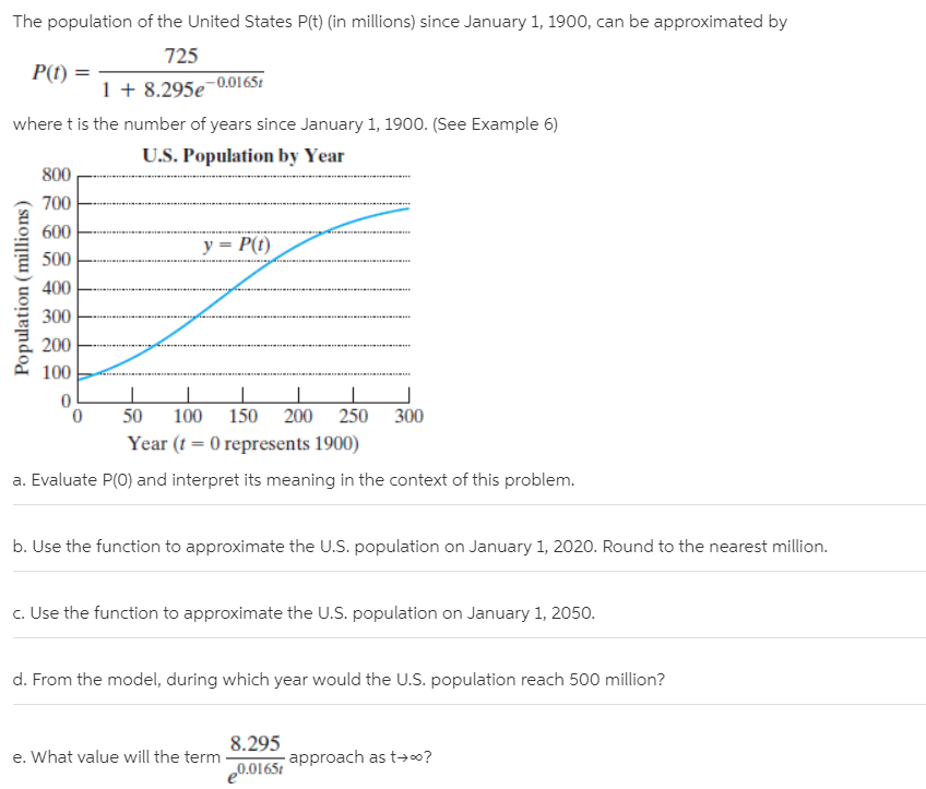 The population of the United States P(t) (in millions) since January 1, 1900, can be approximated by
725
P(f) =
-0.0165t
1 + 8.295e
where t is the number of years since January 1, 1900. (See Example 6)
U.S. Population by Year
800
700
600
y = P(t)
500
400
300
200
100
0.
50
100
150
200
250
300
Year (t = 0 represents 1900)
a. Evaluate P(0) and interpret its meaning in the context of this problem.
b. Use the function to approximate the U.S. population on January 1, 2020. Round to the nearest million.
c. Use the function to approximate the U.S. population on January 1, 2050.
d. From the model, during which year would the U.S. population reach 500 million?
8.295
e. What value will the term
approach as t→?
20.0165t
Population (millions)
