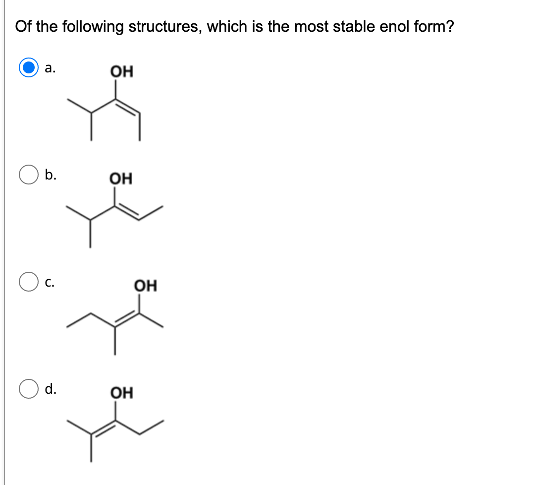 Of the following structures, which is the most stable enol form?
а.
OH
b.
он
O c.
OH
O d.
OH
