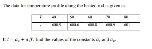 The data for temperature profile along the heated rod is given as:
T
40
50
60
70
80
600.5
600.6
600.8
600.9
601
If l = a, + a,T, find the values of the constants a, and ag.
