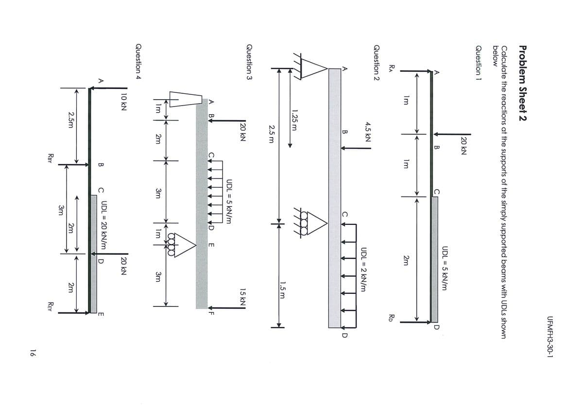 UFMFH3-30-1
Problem Sheet 2
Calculate the reactions at the supports of the simply supported beams with UDLS shown
below
Question 1
20 kN
UDL = 5 kN/m
%3D
A
В
C
D
lm
1m
2m
RA
RD
Question 2
4.5 kN
UDL = 2 kN/m
A
В
C
D
1.25 m
1.5 m
2.5 m
Question 3
|20 kN
15 kN
UDL = 5 kN/m
%3D
A B
V
1m
2m
3m
1m
3m
Question 4
10 kN
20 kN
A
В
UDL = 20 kN/m
E
2.5m
2m
2m
3m
RBY
REY
16
