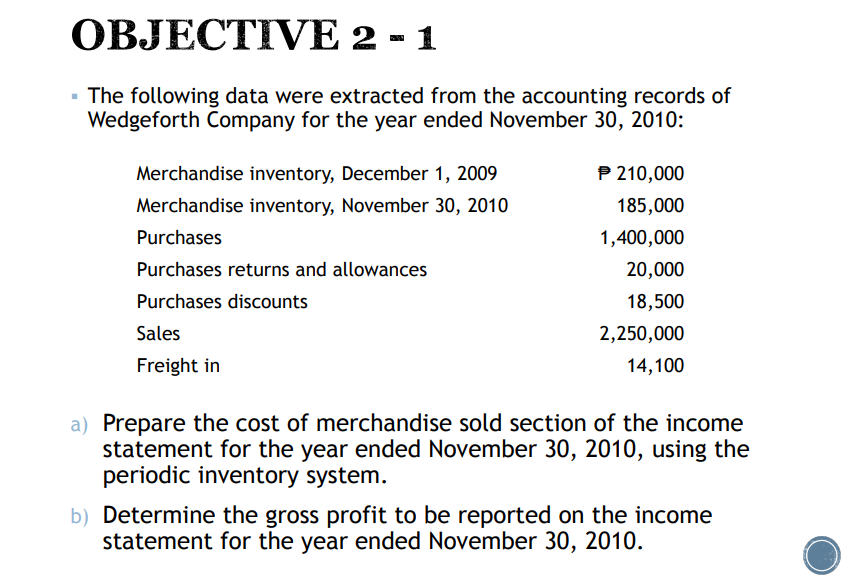 OBJECTIVE 2 - 1
- The following data were extracted from the accounting records of
Wedgeforth Company for the year ended November 30, 2010:
Merchandise inventory, December 1, 2009
P 210,000
Merchandise inventory, November 30, 2010
185,000
Purchases
1,400,000
Purchases returns and allowances
20,000
Purchases discounts
18,500
Sales
2,250,000
Freight in
14,100
a) Prepare the cost of merchandise sold section of the income
statement for the year ended November 30, 2010, using the
periodic inventory system.
b) Determine the gross profit to be reported on the income
statement for the year ended November 30, 2010.
