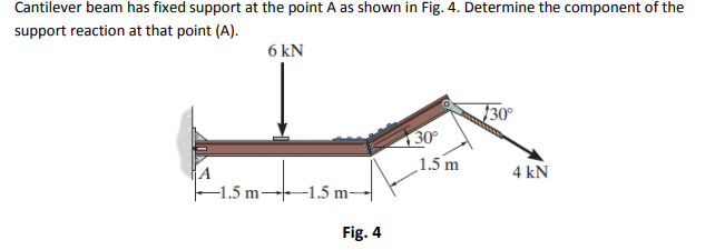 Cantilever beam has fixed support at the point A as shown in Fig. 4. Determine the component of the
support reaction at that point (A).
6 kN
}30°
30°
1.5 m
4 kN
1.5 m -1.5 m-
Fig. 4
