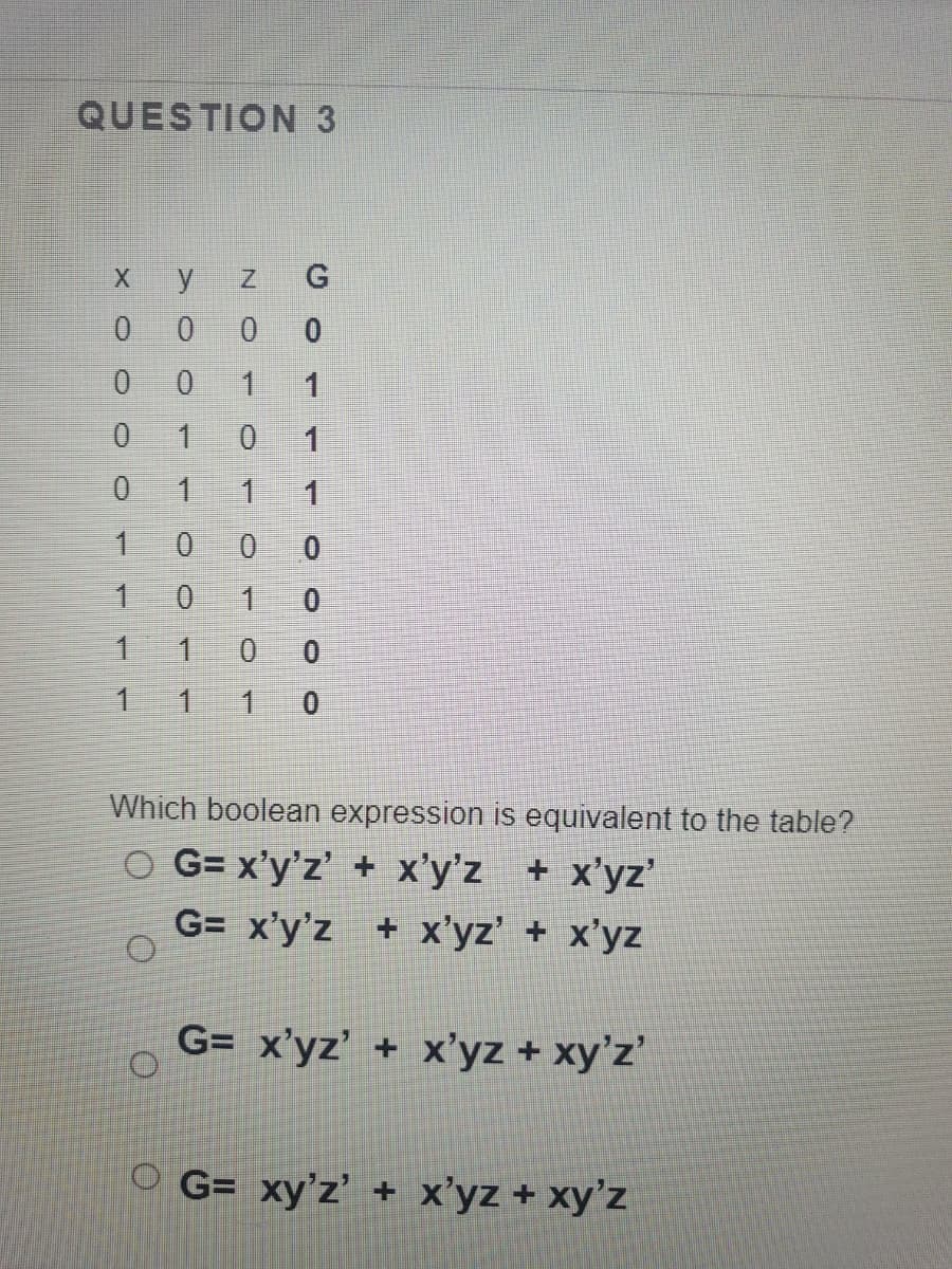 QUESTION 3
X y
z G
0 0 0
0 1
1
1
1.
1
0.
1
1
1
1
1
1
Which boolean expression is equivalent to the table?
O G= x'y'z' + x'y'z
+ x'yz'
G= x'y'z + x'yz' + x'yz
G= x'yz' + x'yz + xy'z'
O G= xy'z' + x'yz + xy'z
