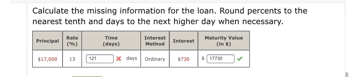 Calculate the missing information for the loan. Round percents to the
nearest tenth and days to the next higher day when necessary.
Maturity Value
(in $)
Rate
Time
Interest
Principal
Interest
(%)
(days)
Method
$17,000
13
121
X days
Ordinary
$730
$
17730
