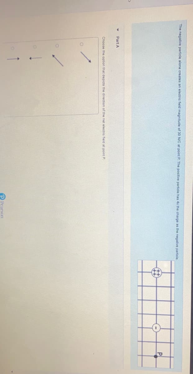 The negative particle alone creates an electric field magnitude of 30 N/C at point P. The positive particle has 4x the charge as the negative particle.
Pl
Part A
Choose the option that depicts the direction of the net electric field at point P.
↑
O Pearson
