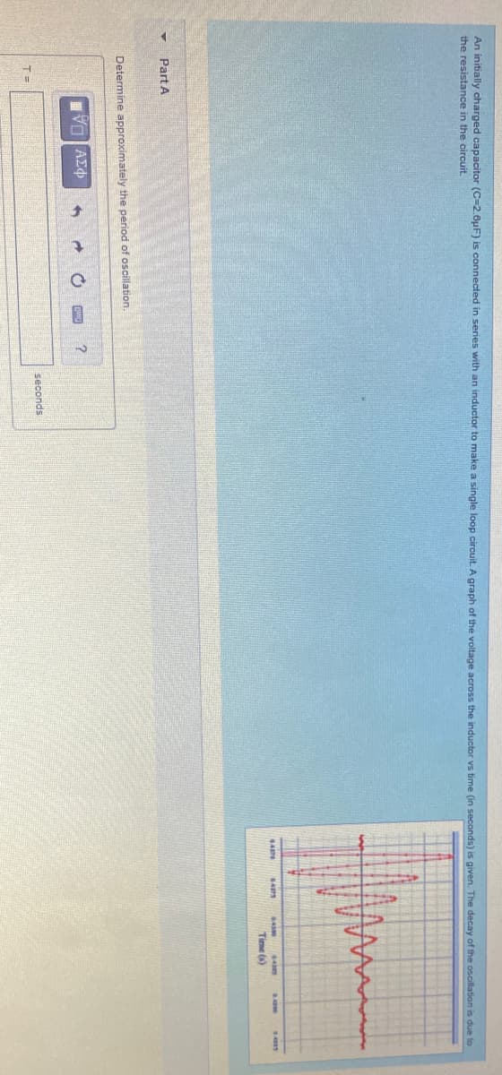 An initially charged capacitor (C=2.6µF) is connected in series with an inductor to make a single loop circuit. A graph of the voltage across the inductor vs time (in seconds) is given. The decay of the oscillation is due to
the resistance in the circuit.
Time ()
Part A
Determine approximately the period of oscillation.
seconds
T =
