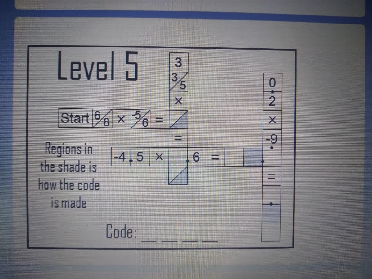 Level 5
0.
Start 8 x 6 =
5
-9
%3D
Regions in
the shade is
how the code
is made
-45 X
6.
%3D
%3D
Code:
%3D
3
3.
