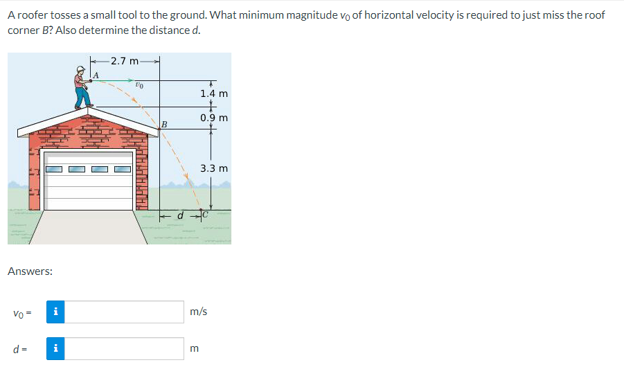 A roofer tosses a small tool to the ground. What minimum magnitude vo of horizontal velocity is required to just miss the roof
corner B? Also determine the distance d.
Answers:
Vo =
d =
i
-2.7 m
10
B
1.4 m
+
0.9 m
+6+4
m
3.3 m
m/s