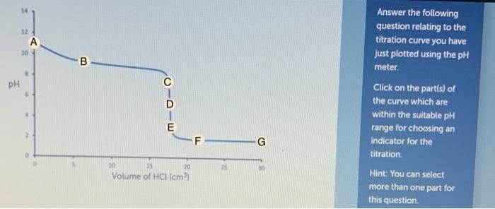 14
Answer the following
question relating to the
titration curve you have
12
A
10
just plotted using the pH
meter.
pH
C
Click on the partis) of
the curve which are
within the suitable pH
range for choosing an
indicator for the
F
titration.
10
15
20
Volume of HCI (cm)
Hint: You can select
more than one part for
this question.
