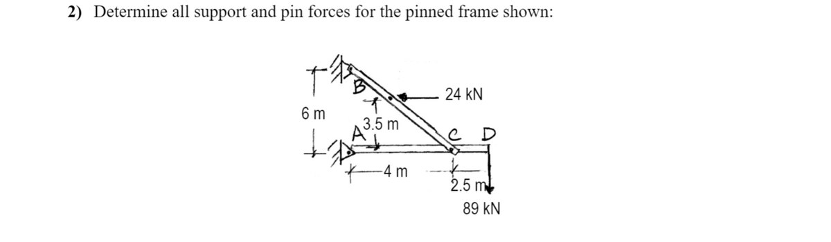 2) Determine all support and pin forces for the pinned frame shown:
24 kN
6 m
3.5 m
D
-4 m
2.5 m
89 kN
