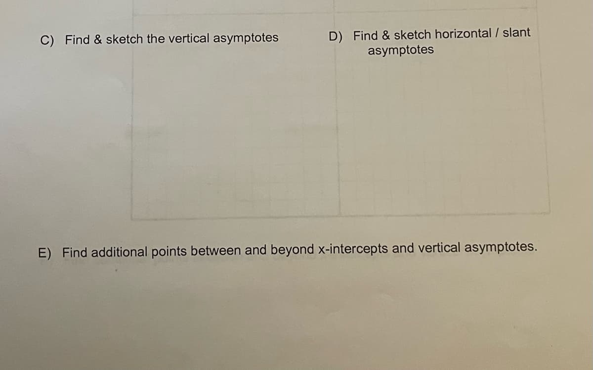 C) Find & sketch the vertical asymptotes
D) Find & sketch horizontal / slant
asymptotes
E) Find additional points between and beyond x-intercepts and vertical asymptotes.
