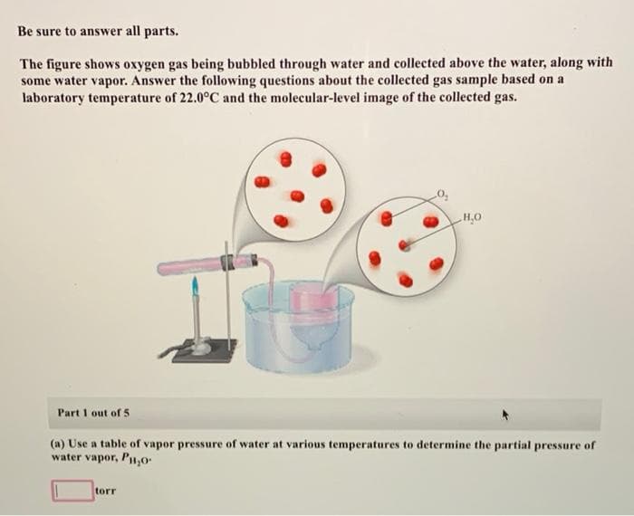 Be sure to answer all parts.
The figure shows oxygen gas being bubbled through water and collected above the water, along with
some water vapor. Answer the following questions about the collected gas sample based on a
laboratory temperature of 22.0°C and the molecular-level image of the collected gas.
H,0
Part 1 out of 5
(a) Use a table of vapor pressure of water at various temperatures to determine the partial pressure of
water vapor, Pn,0•
torr
