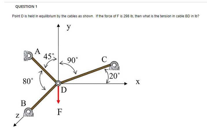 QUESTION 1
Point D is held in equilibrium by the cables as shown. If the force of F is 298 Ib, then what is the tension in cable BD in Ib?
y
А
45
90°
C
80°
20°
X
D
В
F
