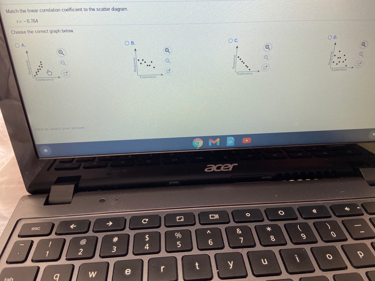 Match the linear correlation coefficient to the scatter diagram.
T= -0.764
Choose the correct graph below.
O A.
OB.
OC.
OD.
Explanatory
Explanatory
Explanatory
Explanatory
Click to select your answer.
M
acer
->
esc
#
2$
%
&
@
8.
4
r
y
W
e
tab
この
づ
