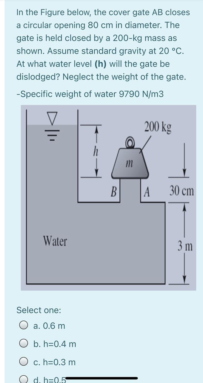 In the Figure below, the cover gate AB closes
a circular opening 80 cm in diameter. The
gate is held closed by a 200-kg mass as
shown. Assume standard gravity at 20 °C.
At what water level (h) will the gate be
dislodged? Neglect the weight of the gate.
-Specific weight of water 9790 N/m3
200 kg
m
30 cm
Water
3 m
Select one:
O a. 0.6 m
O b. h=0.4 m
O c. h=0.3 m
O d. h=0,5
