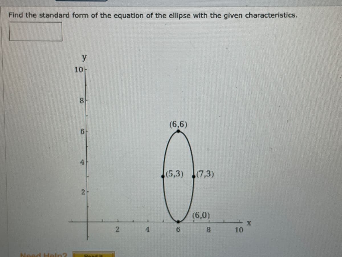 Find the standard form of the equation of the ellipse with the given characteristics.
y
10H
8.
(6,6)
6.
4.
(5,3) (7,3)
(6,0)
4.
6.
8.
10
Need Heln?
Read It
2.
2.
