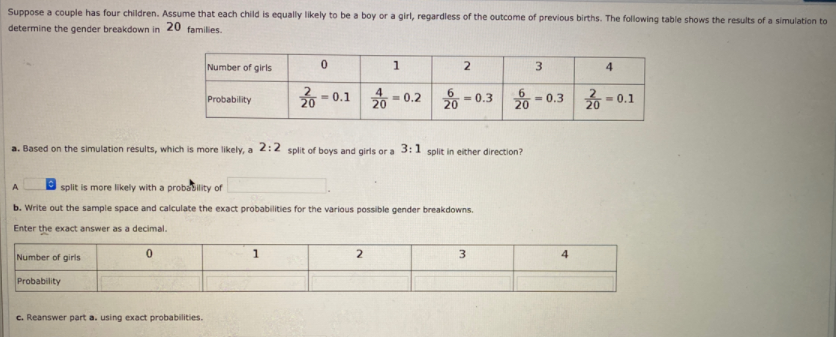 Suppose a couple has four children. Assume that each child is equally likely to be a boy or a girl, regardless of the outcome of previous births. The following table shows the results of a simulation to
determine the gender breakdown in
20
families.
Number of girls
1
2
4.
Probability
= 0.1 - 0.2
20
읊-0.3
%3D
20
* - 0.1
20
a. Based on the simulation results, which is more likely, a 2:2 split of boys and girls or a 3:1 split in either direction?
A
split is more likely with a probability of
b. Write out the sample space and calculate the exact probabilities for the various possible gender breakdowns.
Enter the exact answer as a decimal.
Number of giris
2
3
4
Probability
c. Reanswer part a. using exact probabilities.
