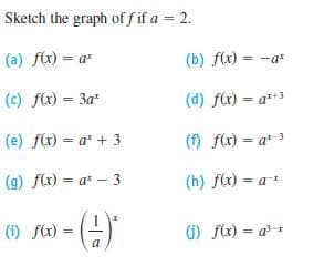 Sketch the graph of f if a = 2.
(a) f(r) = a²
(b) f(x) = -a
(c) f(x) = 3a*
(d) fx) = a**3
(e) f(x) = a* + 3
(f) f(x) = a-3
(g) f(x) = a – 3
(h) f(x) = a
(1) fC) = (-)
6) flx) = a-
