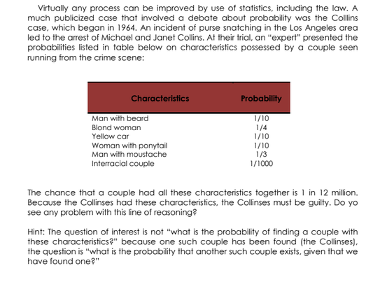 Virtually any process can be improved by use of statistics, including the law. A
much publicized case that involved a debate about probability was the Collins
case, which began in 1964. An incident of purse snatching in the Los Angeles area
led to the arrest of Michael and Janet Collins. At their trial, an "expert" presented the
probabilities listed in table below on characteristics possessed by a couple seen
running from the crime scene:
Characteristics
Probability
Man with beard
1/10
Blond woman
1/4
1/10
Yellow car
Woman with ponytail
Man with moustache
Interracial couple
1/10
1/3
1/1000
The chance that a couple had all these characteristics together is 1 in 12 million.
Because the Collinses had these characteristics, the Collinses must be guilty. Do yo
see any problem with this line of reasoning?
Hint: The question of interest is not "what is the probability of finding a couple with
these characteristics?" because one such couple has been found (the Collinses),
the question is "what is the probability that another such couple exists, given that we
have found one?"
