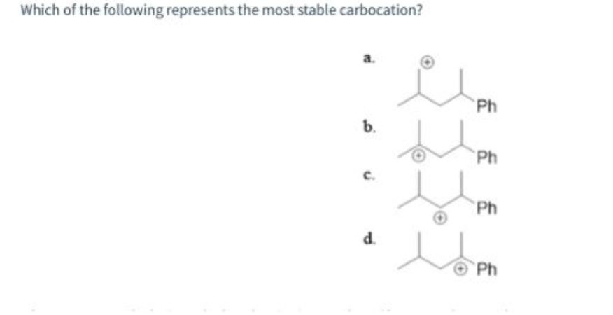Which of the following represents the most stable carbocation?
a.
b.
C.
d.
Ph
Ph
Ph
Ph