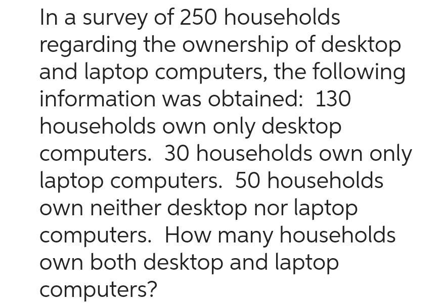 In a survey of 250 households
regarding the ownership of desktop
and laptop computers, the following
information was obtained: 130
households own only desktop
computers. 30 households own only
laptop computers. 50 households
own neither desktop nor laptop
computers. How many households
own both desktop and laptop
computers?