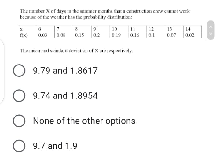 The number X of days in the summer months that a construction crew cannot work
because of the weather has the probability distribution:
6
| 7
8
9
10
11
12
13
14
f(x)
0.03
0.08
0.15
0.2
0.19
|0.16
0.1
0.07
0.02
The mean and standard deviation of X are respectively:
9.79 and 1.8617
O 9.74 and 1.8954
O None of the other options
9.7 and 1.9
