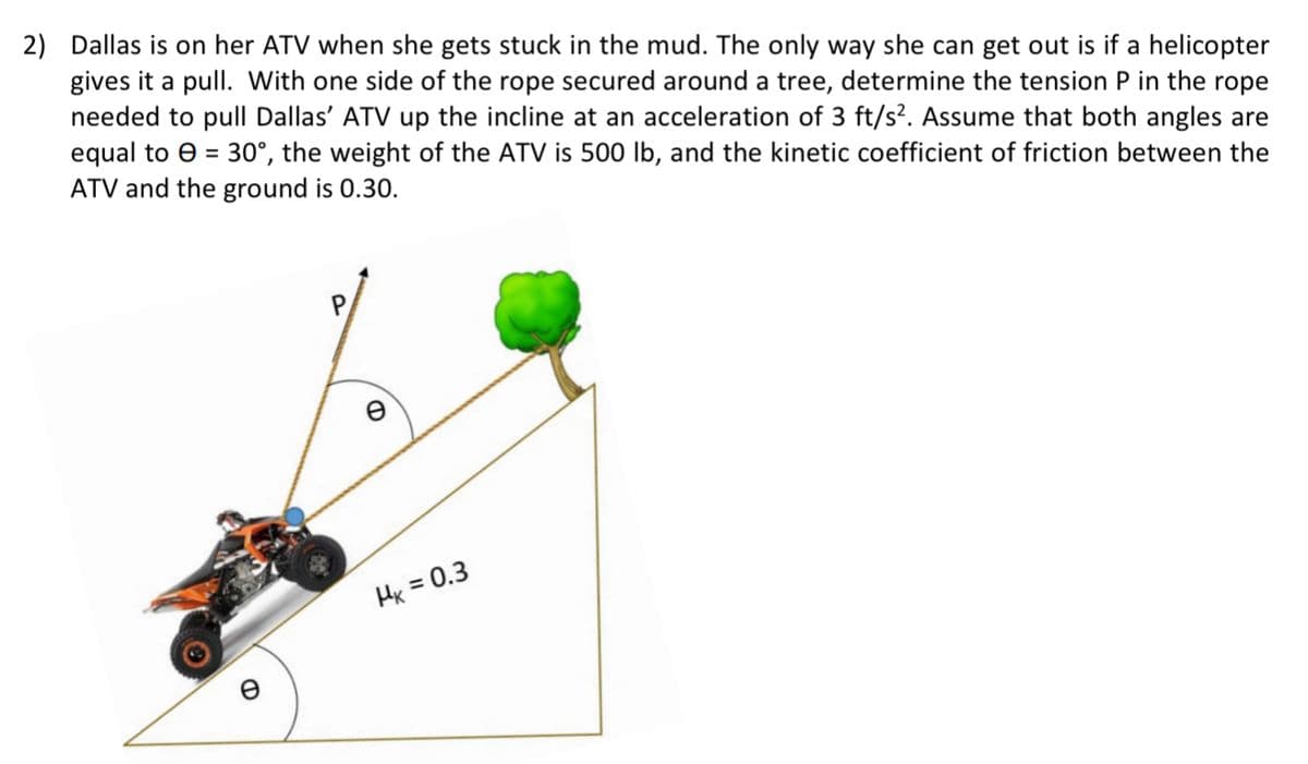 2) Dallas is on her ATV when she gets stuck in the mud. The only way she can get out is if a helicopter
gives it a pull. With one side of the rope secured around a tree, determine the tension P in the rope
needed to pull Dallas' ATV up the incline at an acceleration of 3 ft/s?. Assume that both angles are
equal to e = 30°, the weight of the ATV is 500 Ib, and the kinetic coefficient of friction between the
ATV and the ground is 0.30.
%3D
P
Hx = 0.3
