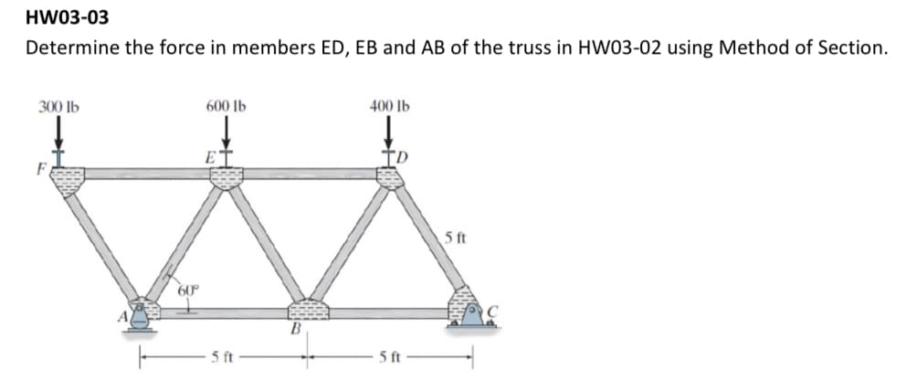 HW03-03
Determine the force in members ED, EB and AB of the truss in HW03-02 using Method of Section.
300 lb
60°
600 lb
5 ft
400 lb
D
5 ft
5 ft