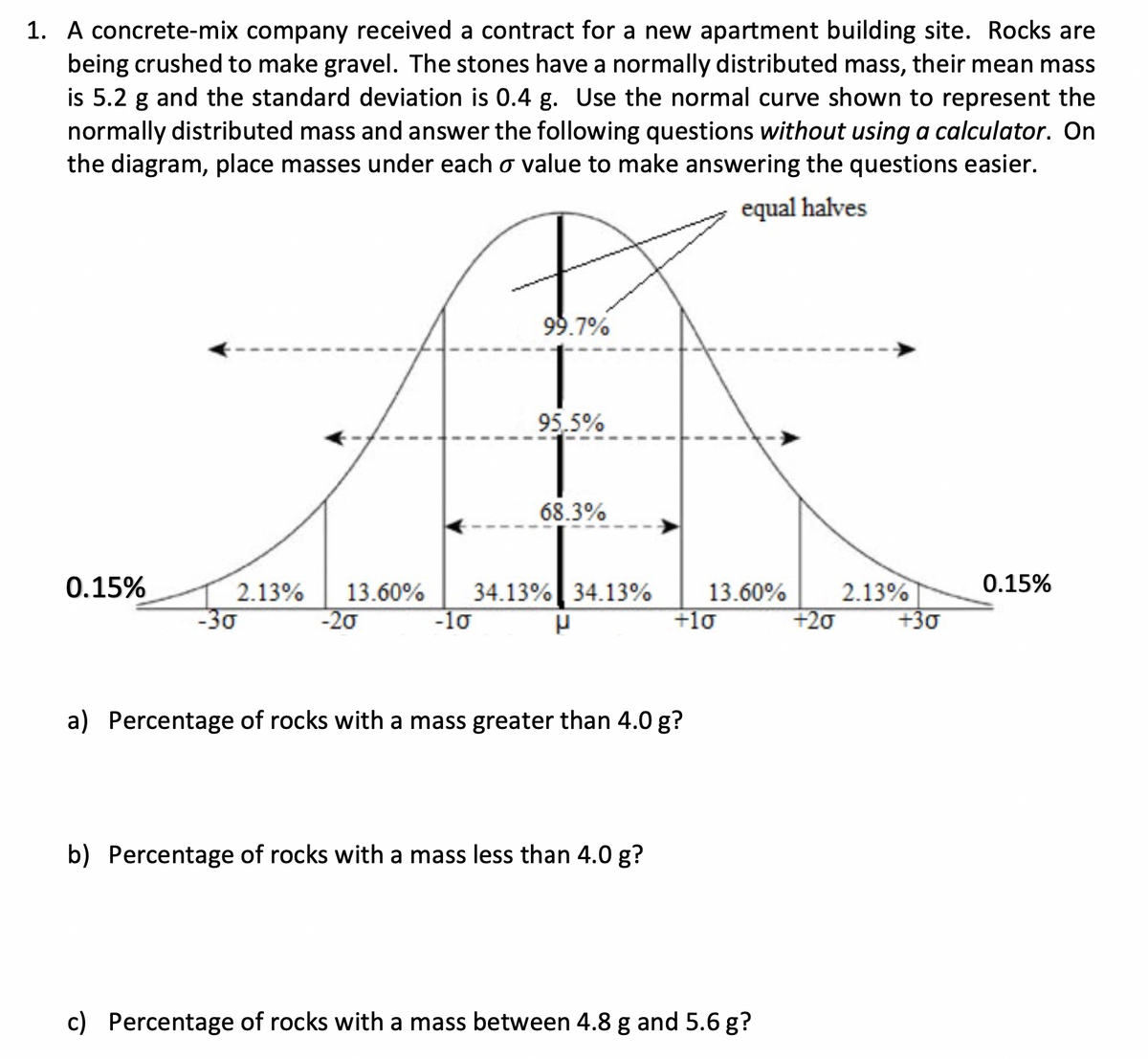 1. A concrete-mix company received a contract for a new apartment building site. Rocks are
being crushed to make gravel. The stones have a normally distributed mass, their mean mass
is 5.2 g and the standard deviation is 0.4 g. Use the normal curve shown to represent the
normally distributed mass and answer the following questions without using a calculator. On
the diagram, place masses under each o value to make answering the questions easier.
equal halves
0.15%
2.13%
-30
-20
99.7%
-10
95.5%
13.60% 34.13% 34.13%
P
68.3%
a) Percentage of rocks with a mass greater than 4.0 g?
b) Percentage of rocks with a mass less than 4.0 g?
13.60%
+10
c) Percentage of rocks with a mass between 4.8 g and 5.6 g?
+20
2.13%
+30
0.15%