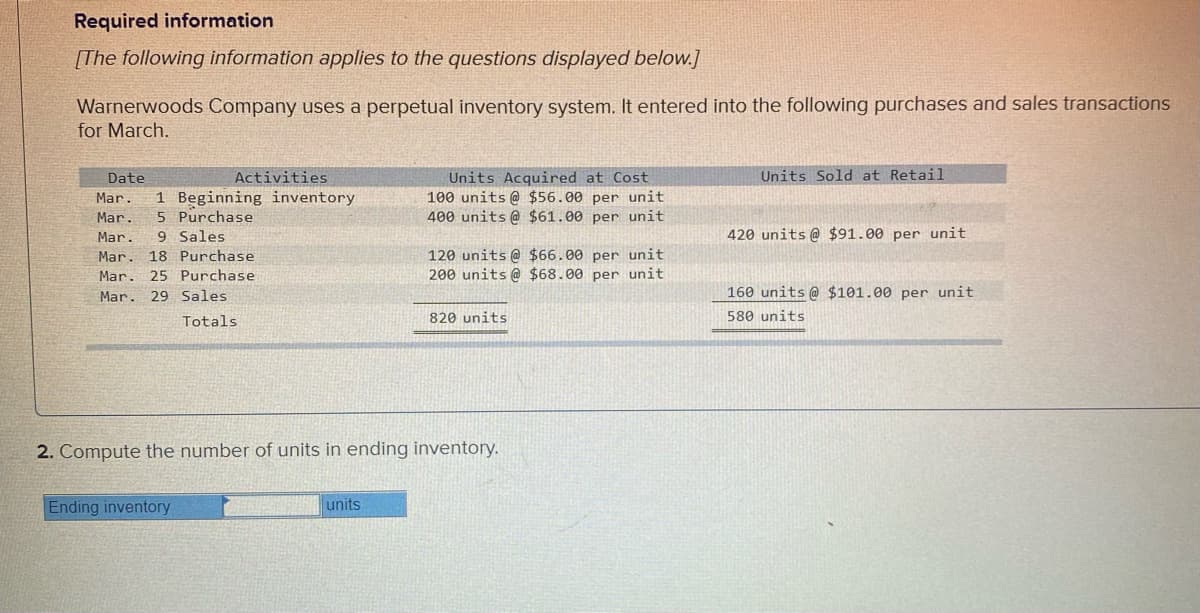 Required information
[The following information applies to the questions displayed below.]
Warnerwoods Company uses a perpetual inventory system. It entered into the following purchases and sales transactions
for March.
Units Acquired at Cost
100 units@ $56.00 per unit
400 units@ $61.00 per unit
Date
Activities
Units Sold at Retail
1 Beginning inventory
5 Purchase
9 Sales
Mar.
Mar.
Mar.
420 units @ $91.00 per unit
120 units @ $66.00 per unit
200 units @ $68.00 per unit
Mar.
18 Purchase
Mar.
25 Purchase
Mar. 29 Sales
160 units @ $101.00 per unit
Totals
820 units
580 units
2. Compute the number of units in ending inventory.
Ending inventory
units
