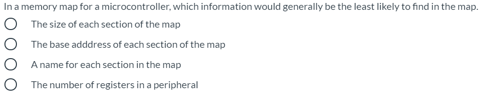 In a memory map for a microcontroller, which information would generally be the least likely to find in the map.
The size of each section of the map
The base adddress of each section of the map
A name for each section in the map
The number of registers in a peripheral
