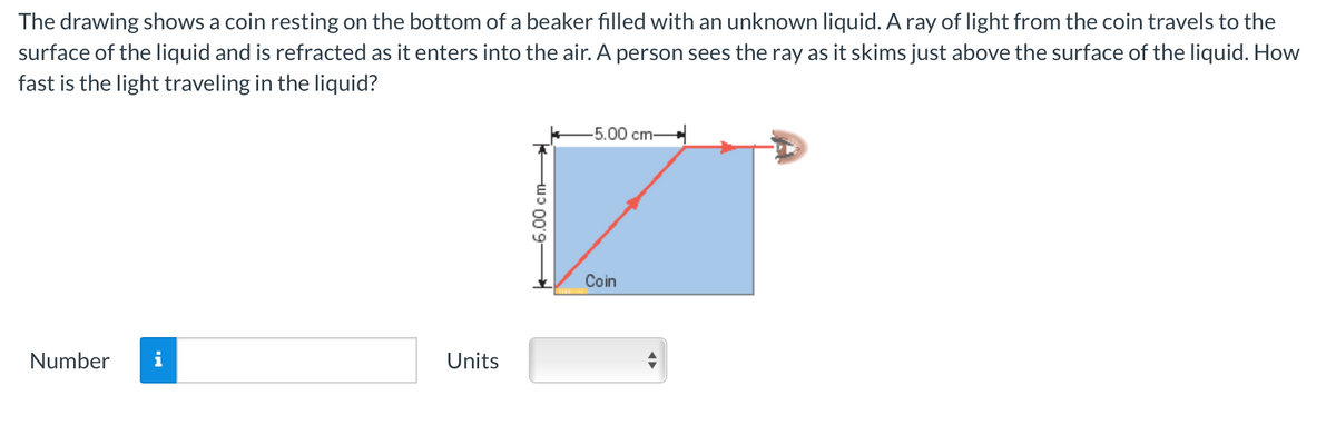 The drawing shows a coin resting on the bottom of a beaker filled with an unknown liquid. A ray of light from the coin travels to the
surface of the liquid and is refracted as it enters into the air. A person sees the ray as it skims just above the surface of the liquid. How
fast is the light traveling in the liquid?
Number
Units
-6.00 cm-
-5.00 cm-
Coin