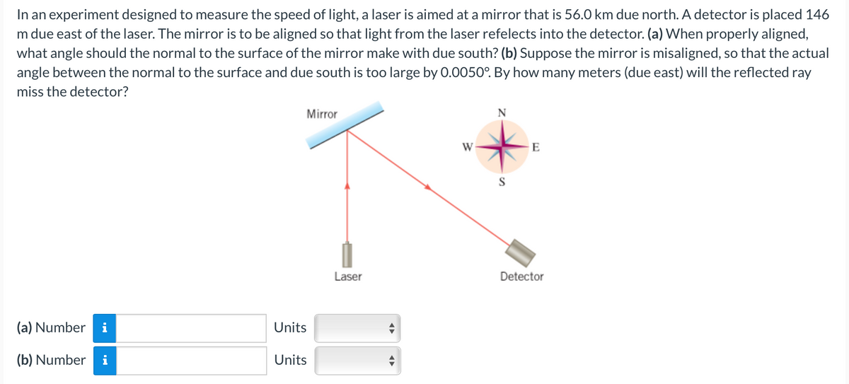 In an experiment designed to measure the speed of light, a laser is aimed at a mirror that is 56.0 km due north. A detector is placed 146
m due east of the laser. The mirror is to be aligned so that light from the laser refelects into the detector. (a) When properly aligned,
what angle should the normal to the surface of the mirror make with due south? (b) Suppose the mirror is misaligned, so that the actual
angle between the normal to the surface and due south is too large by 0.0050°. By how many meters (due east) will the reflected ray
miss the detector?
(a) Number i
(b) Number i
Units
Mirror
Units
Laser
◄►
W
N
S
E
Detector