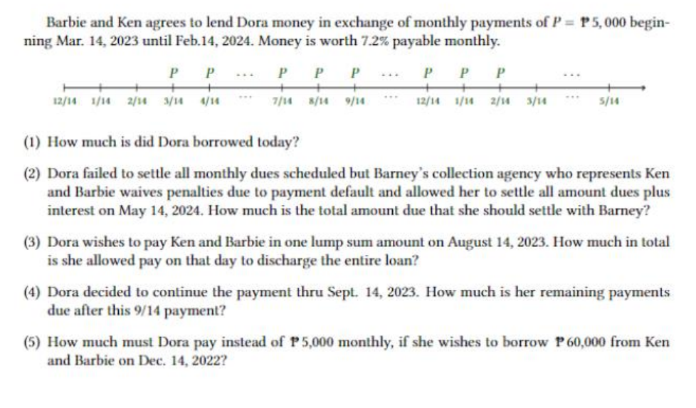 Barbie and Ken agrees to lend Dora money in exchange of monthly payments of P= P5,000 begin-
ning Mar. 14, 2023 until Feb.14, 2024. Money is worth 7.2% payable monthly.
P
P
+
+
12/14 1/14 2/14 3/14 4/14
P P P
+
7/14 8/14 9/14
P P P
12/14 1/14 2/14 3/14
5/14
(1) How much is did Dora borrowed today?
(2) Dora failed to settle all monthly dues scheduled but Barney's collection agency who represents Ken
and Barbie waives penalties due to payment default and allowed her to settle all amount dues plus
interest on May 14, 2024. How much is the total amount due that she should settle with Barney?
(3) Dora wishes to pay Ken and Barbie in one lump sum amount on August 14, 2023. How much in total
is she allowed pay on that day to discharge the entire loan?
(4) Dora decided to continue the payment thru Sept. 14, 2023. How much is her remaining payments
due after this 9/14 payment?
(5) How much must Dora pay instead of P5,000 monthly, if she wishes to borrow P60,000 from Ken
and Barbie on Dec. 14, 2022?