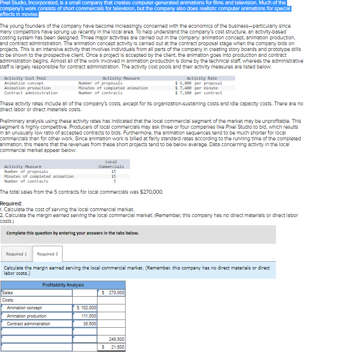 Pixel Studio, Incorporated, is a small company that creates computer-generated animations for films and television. Much of the
company's work consists of short commercials for television, but the company also does realistic computer animations for special
effects in movies.
The young founders of the company have become Increasingly concerned with the economics of the business-particularly since
many competitors have sprung up recently in the local area. To help understand the company's cost structure, an activity-based
costing system has been designed. Three major activities are carried out in the company: animation concept, animation production,
and contract administration. The animation concept activity is carried out at the contract proposal stage when the company bids on
projects. This is an Intensive activity that involves individuals from all parts of the company in creating story boards and prototype stills
to be shown to the prospective client. Once a project is accepted by the client, the animation goes into production and contract
administration begins. Almost all of the work involved in animation production is done by the technical staff, whereas the administrative
staff is largely responsible for contract administration. The activity cost pools and their activity measures are listed below.
Activity Cost Pool
Animation concept
Animation production
Contract administration
Activity Measure
Number of proposals
These activity rates include all of the company's costs, except for its organization-sustaining costs and idle capacity costs. There are no
direct labor or direct materials costs.
Minutes of completed animation
Number of contracts
Preliminary analysis using these activity rates has indicated that the local commercial segment of the market may be unprofitable. This
segment is highly competitive. Producers of local commercials may ask three or four companies like Pixel Studio to bid, which results
In an unusually low ratio of accepted contracts to bids. Furthermore, the animation sequences tend to be much shorter for local
commercials than for other work. Since animation work is billed at fairly standard rates according to the running time of the completed
animation, this means that the revenues from these short projects tend to be below average. Data concerning activity in the local
commercial market appear below:
Required 1 Required 2
Activity Measure
Number of proposals
15
Minutes of completed animation
15
Number of contracts
5
The total sales from the 5 contracts for local commercials was $270,000.
Sales
Costs:
Required:
1. Calculate the cost of serving the local commercial market.
2. Calculate the margin earned serving the local commercial market. (Remember, this company has no direct materials or direct labor
costs.)
Complete this question by entering your answers in the tabs below.
Animation concept
Animation production
Contract administration
Local
Commercials
Calculate the margin earned serving the local commercial market. (Remember, this company has no direct materials or direct
labor costs.)
Profitability Analysis
Activity Rate
$6,880 per proposal
$ 7,400 per minute
$ 7,188 per contract
$ 102,000
111,000
35,500
$ 270,000
248,500
$ 21,500