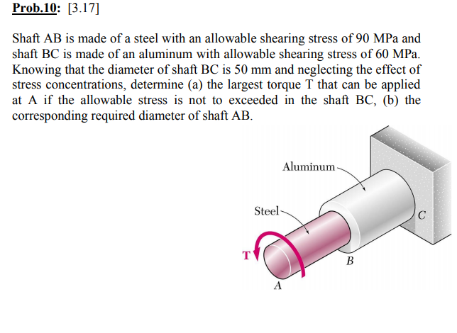 Prob.10: [3.17]
Shaft AB is made of a steel with an allowable shearing stress of 90 MPa and
shaft BC is made of an aluminum with allowable shearing stress of 60 MPa.
Knowing that the diameter of shaft BC is 50 mm and neglecting the effect of
stress concentrations, determine (a) the largest torque T that can be applied
at A if the allowable stress is not to exceeded in the shaft BC, (b) the
corresponding required diameter of shaft AB.
Aluminum
Steel-
C
T'
В
A
