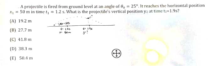 . A projectile is fired from ground level at an angle of 0, = 25°. It reaches the horizontal position
x, = 50 m in time t, = 1.2 s. What is the projectile's vertical position yz at time t2=1.9s?
(A) 19.2 m
(B) 27.7 m
** Dom
(C) 41.8 m
(D) 38.3 m
(E) 50.4 m
