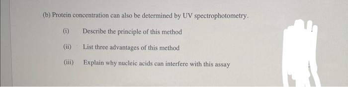 (b) Protein concentration can also be determined by UV spectrophotometry.
Describe the principle of this method
List three advantages of this method
(iii) Explain why nucleic acids can interfere with this assay