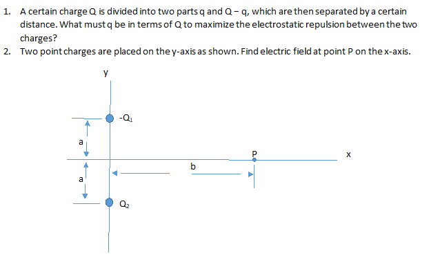 A certain charge Q is divided into two parts q and Q- q, which are then separated by a certain
1.
distance. What must q be in terms of Q to maximize the electrostatic repulsion between the two
charges?
2. Two point charges are placed on the y-axis as shown. Find electric field at point P on the x-axis.
y
-Q1
a
b
a
Q2
